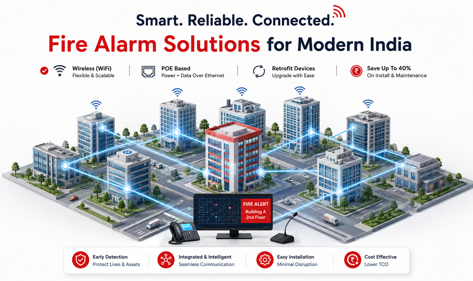 Smart, reliable and connected fire alarm solutions for modern era - wireless WiFi, POE based and retrofit-ready devices with up to 40% savings on install and maintenance